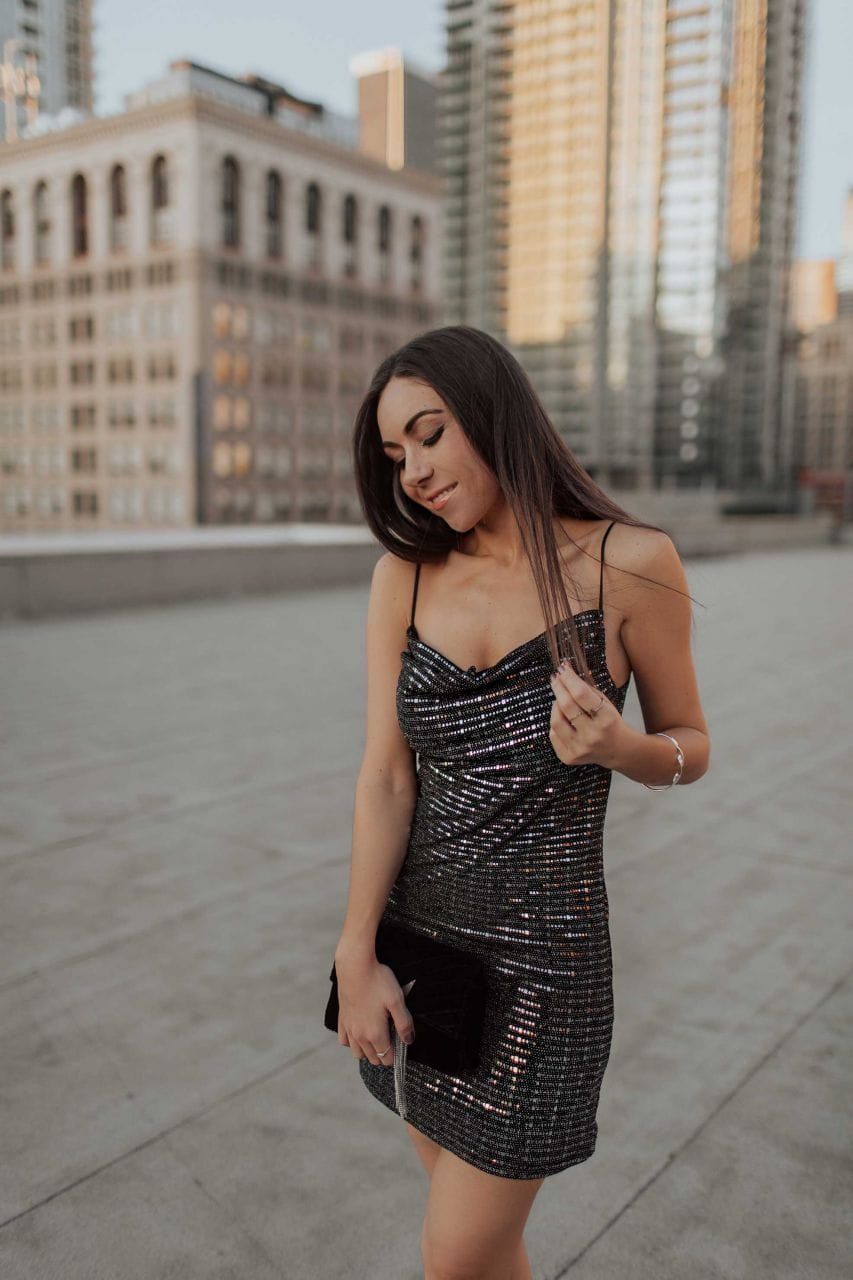 Silver Sequin Mini Dress with Spaghetti Straps — Trendy Party Outfits