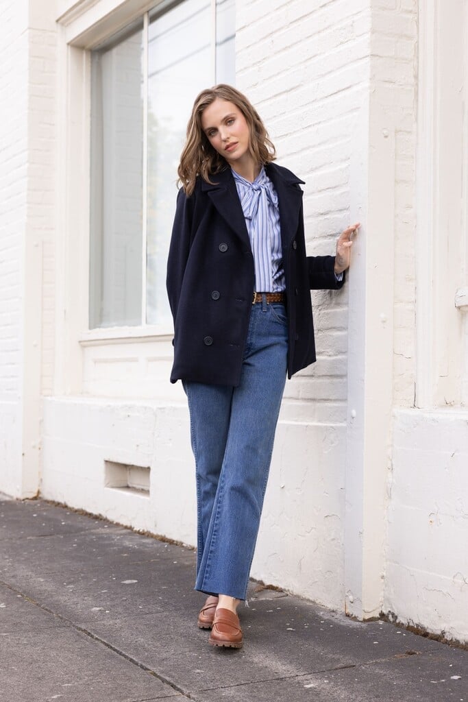 Classic Navy Peacoat with Striped Shirt and Jeans — Trendy Peacoat Outfits