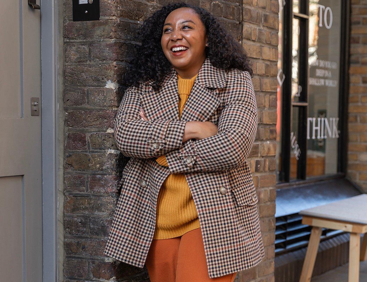 Checked Peacoat with Yellow Sweater and Orange Trousers — Trendy Peacoat Outfits