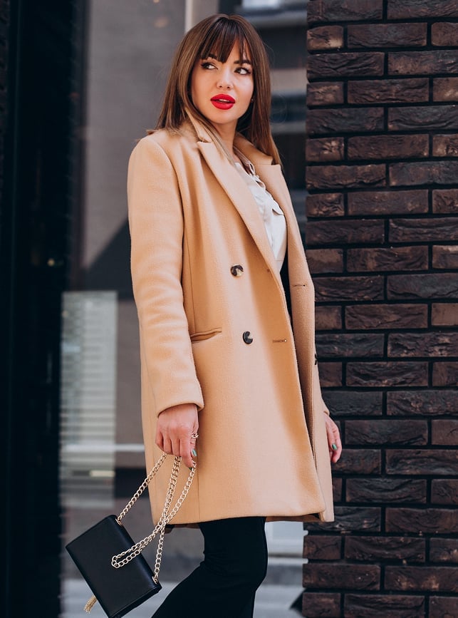 Fitted Camel Peacoat with White Blouse — Trendy Peacoat Outfits