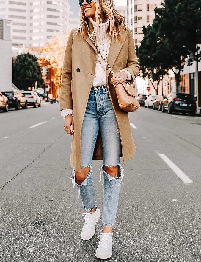 Camel Longline Coat with Ripped Jeans — Trendy Peacoat Outfits