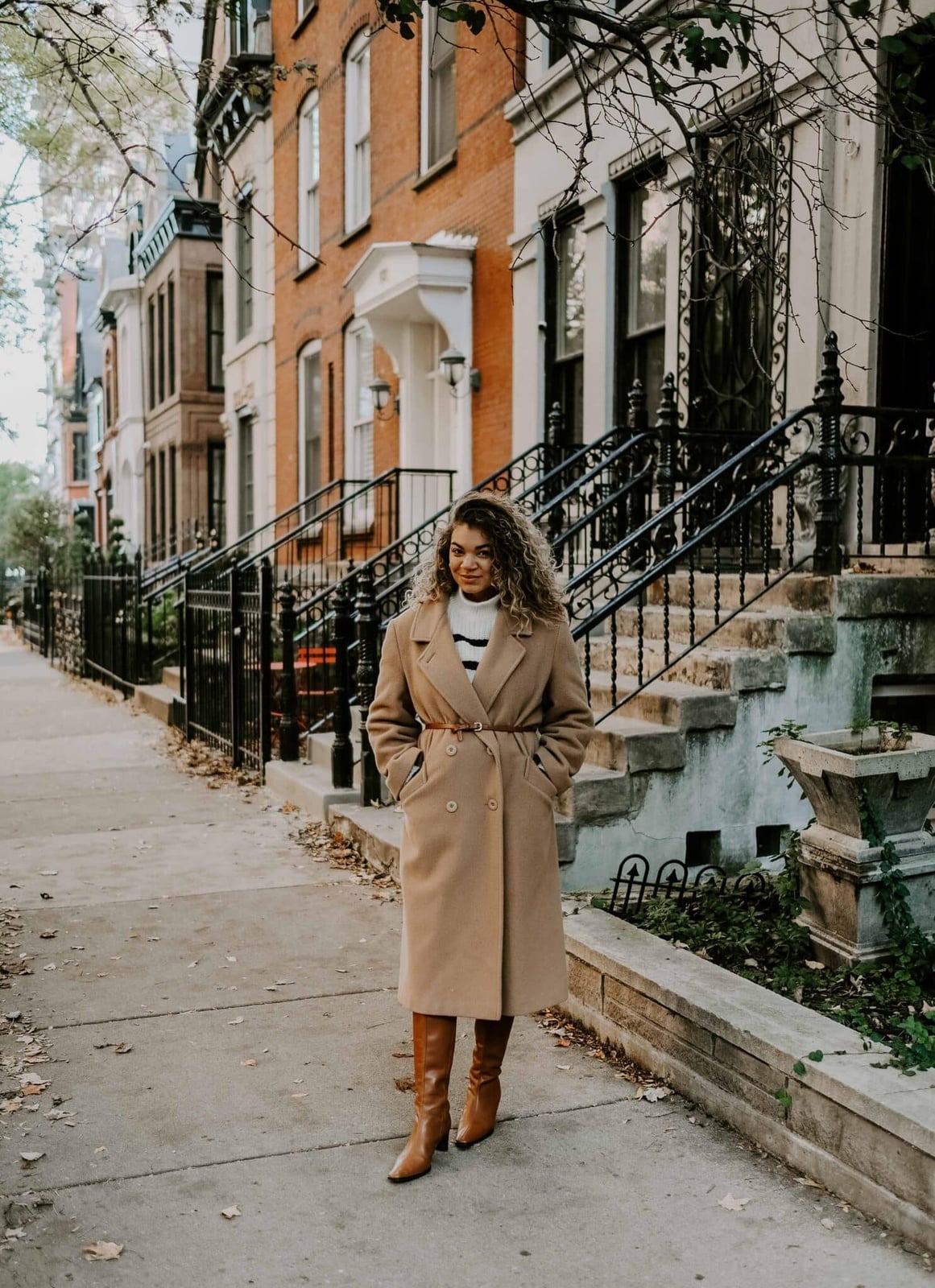 Belted Camel Long Coat with Striped Sweater — Trendy Peacoat Outfits