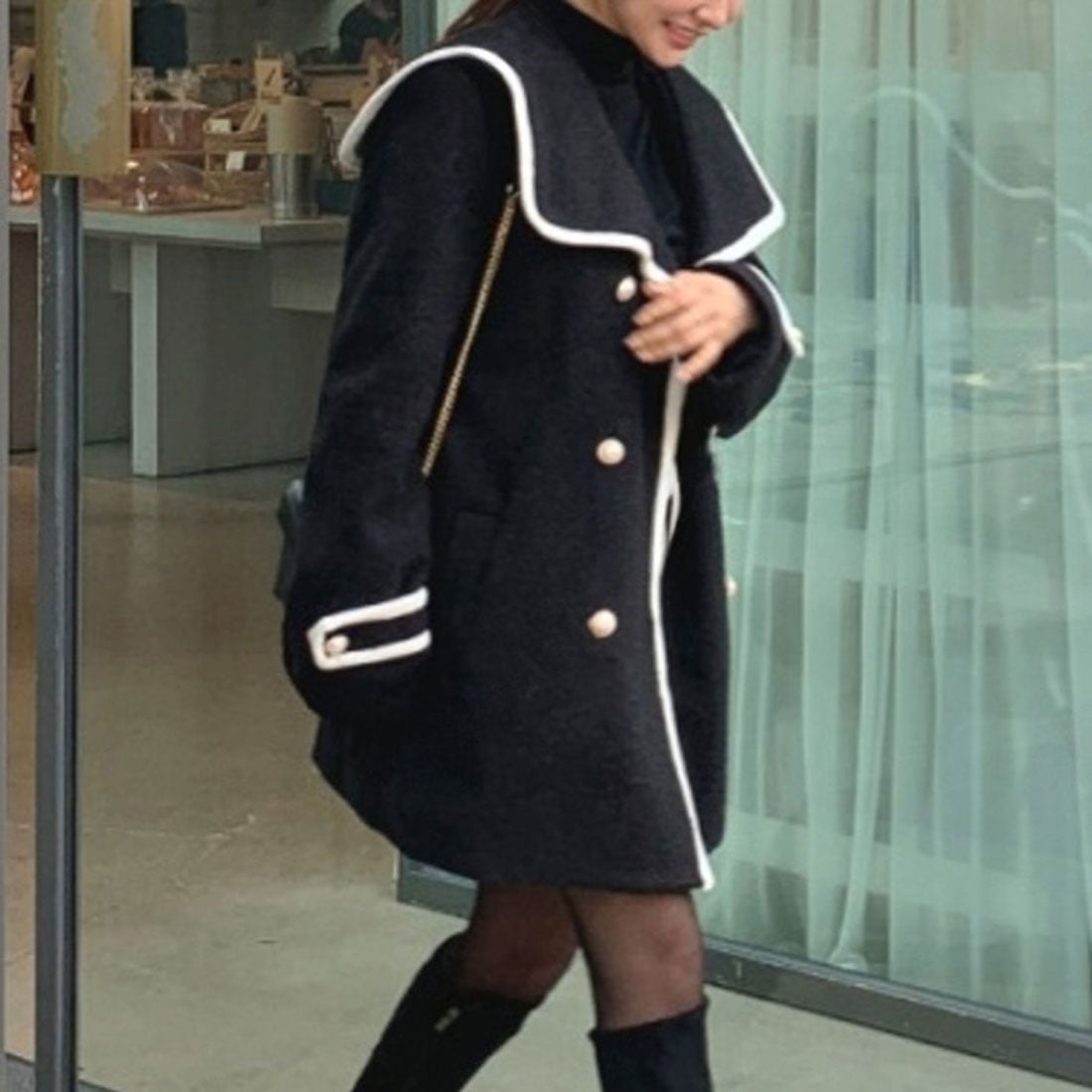 Black Peacoat with White Sailor Collar and Cuffs — Trendy Peacoat Outfits