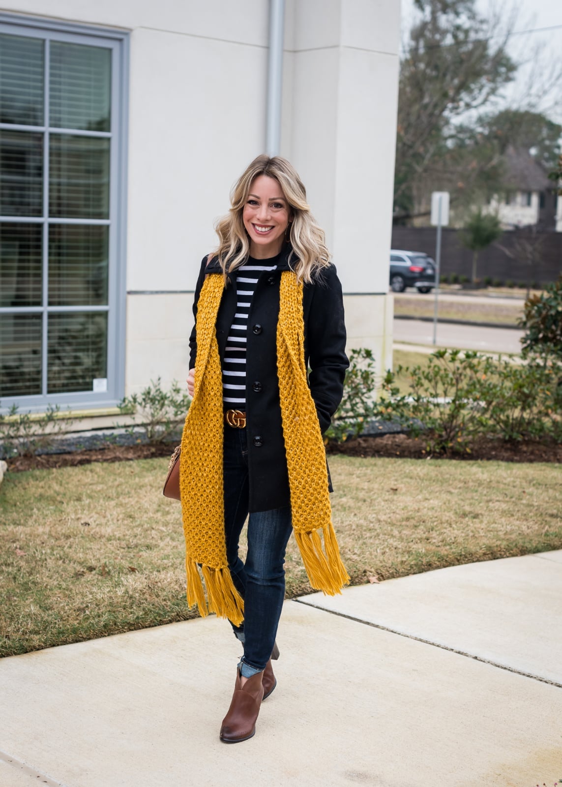 Black Peacoat with Bright Yellow Scarf — Trendy Peacoat Outfits