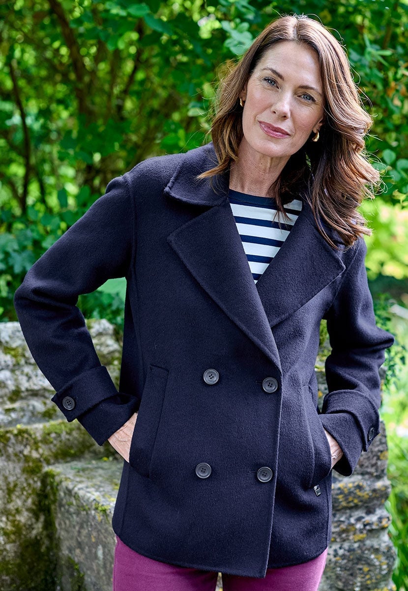 Navy Peacoat with Striped Tee and Maroon Trousers — Trendy Peacoat Outfits