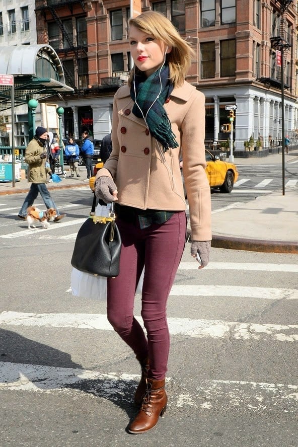Cropped Camel Peacoat with Burgundy Jeans — Trendy Peacoat Outfits