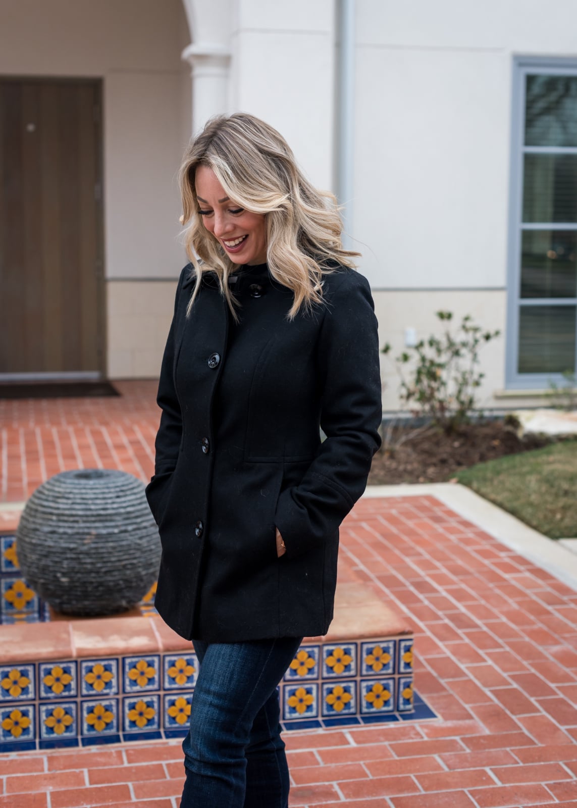 Black Peacoat with Yellow Scarf and Gold Belt — Trendy Peacoat Outfits