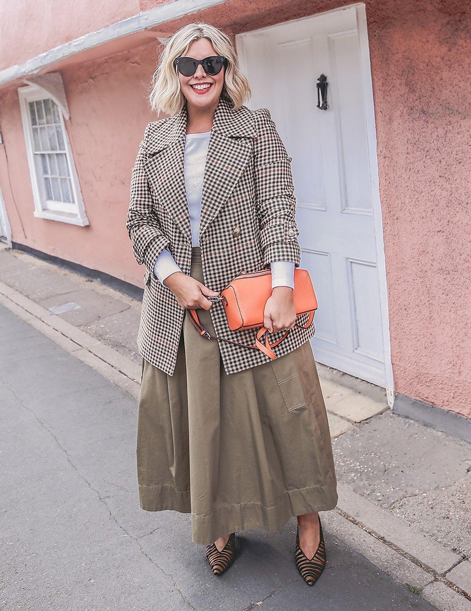 Checked Jacket with Olive Skirt and Striped Heels — Trendy Peacoat Outfits