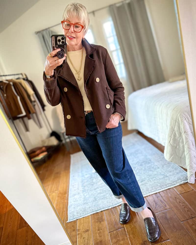 Brown Peacoat with Raw Hem and Cream Sweater — Trendy Peacoat Outfits