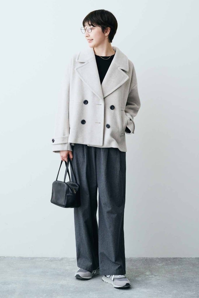 Light Grey Oversized Peacoat with Patterned Trousers — Trendy Peacoat Outfits
