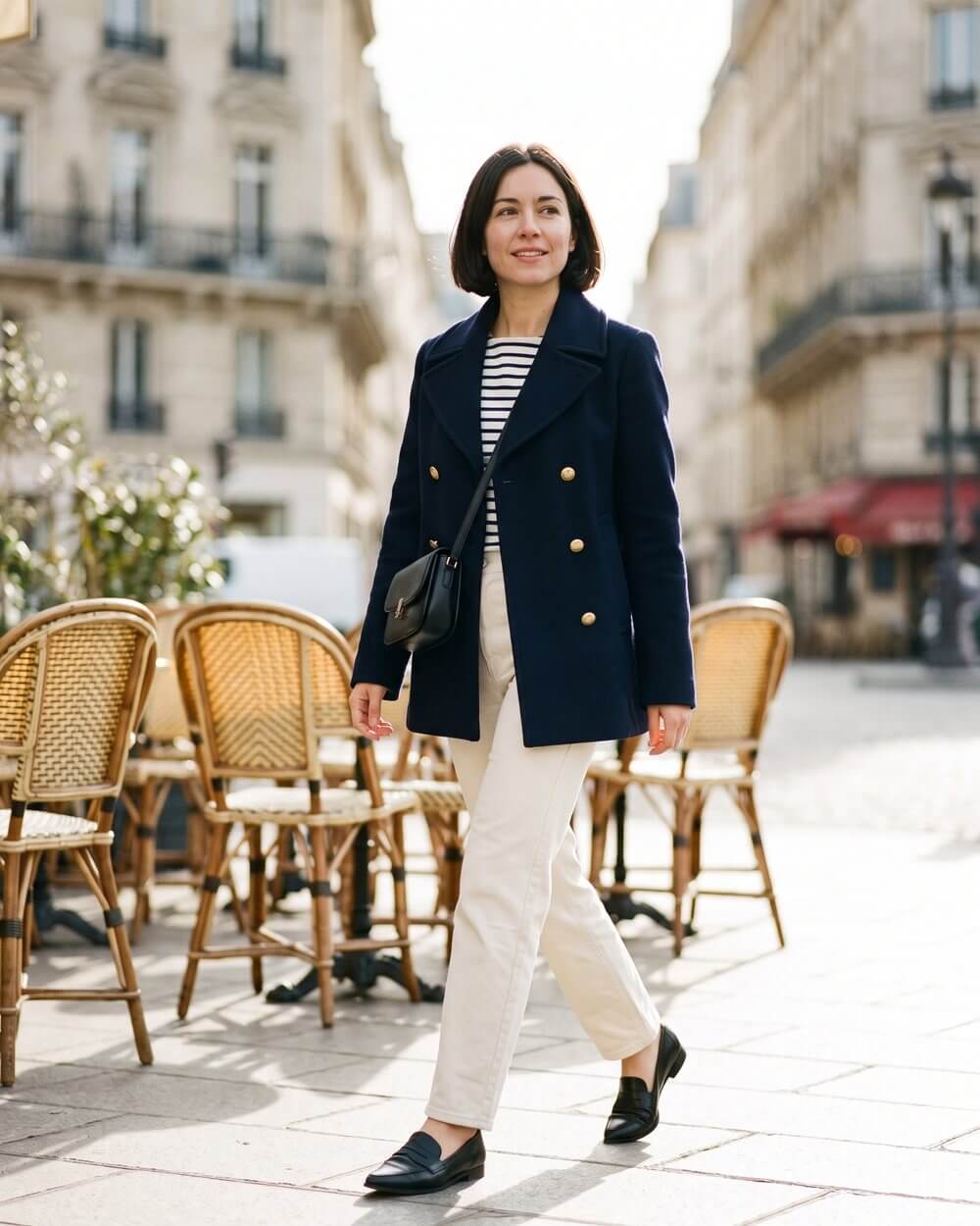 Navy Peacoat with Gold Buttons and Cream Trousers — Trendy Peacoat Outfits