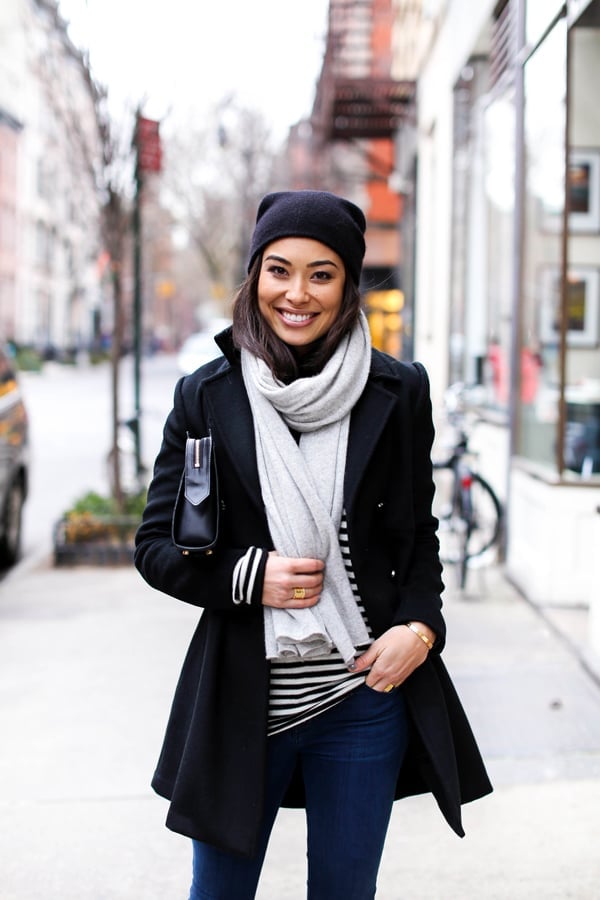 Black Peacoat with Stripes and Jeans — Trendy Peacoat Outfits