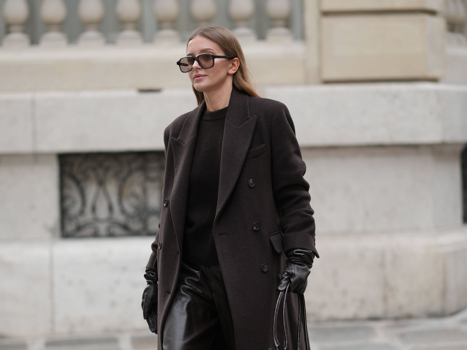Dark Brown Oversized Coat with Leather Pants — Trendy Peacoat Outfits