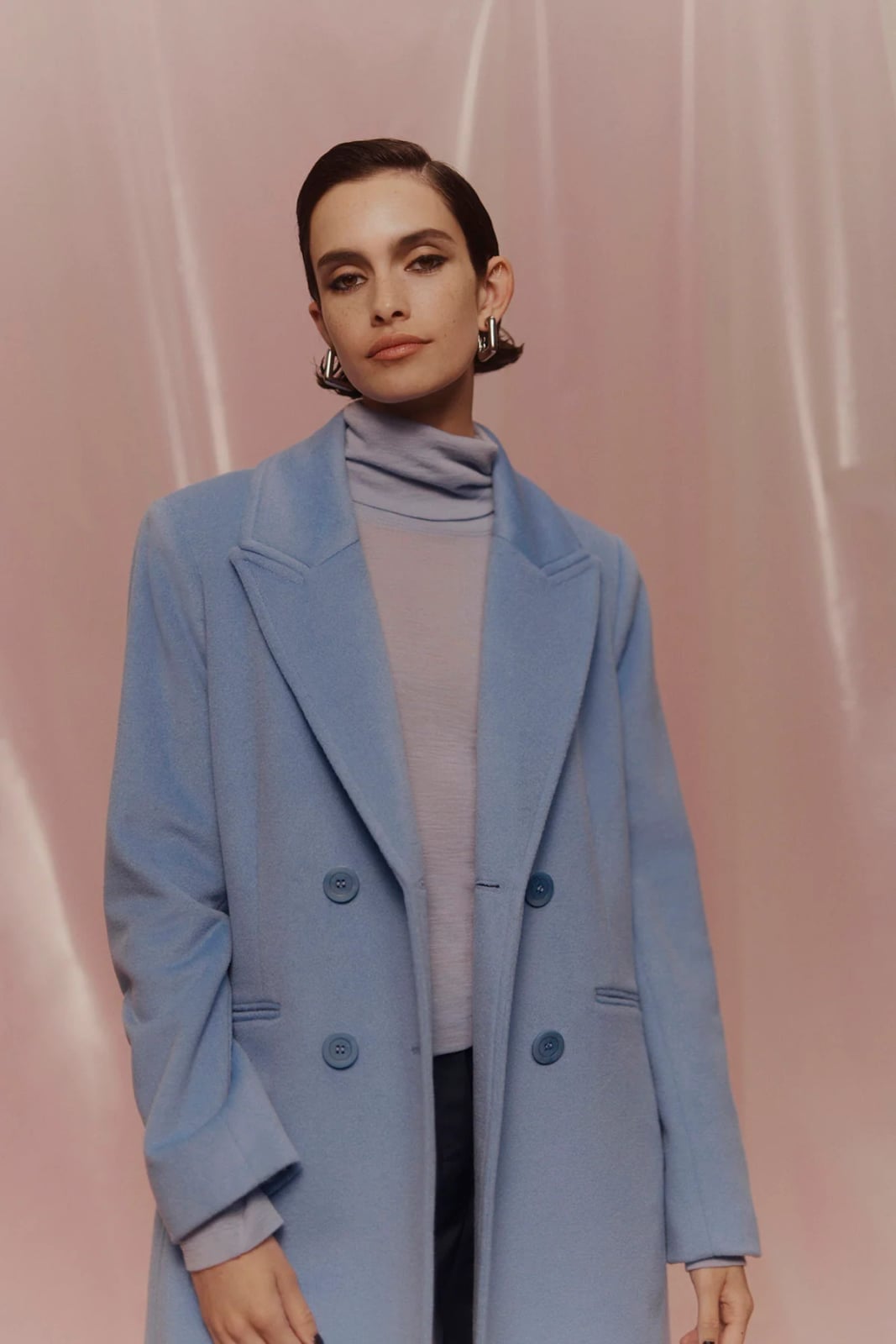 Pastel Blue Peacoat with Grey Turtleneck — Trendy Peacoat Outfits