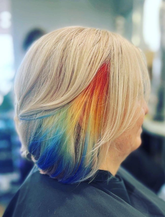 Blonde Bob With Rainbow Peekaboo Blonde Bob With Rainbow Peekaboo — Trendy Peekaboo Hair Color