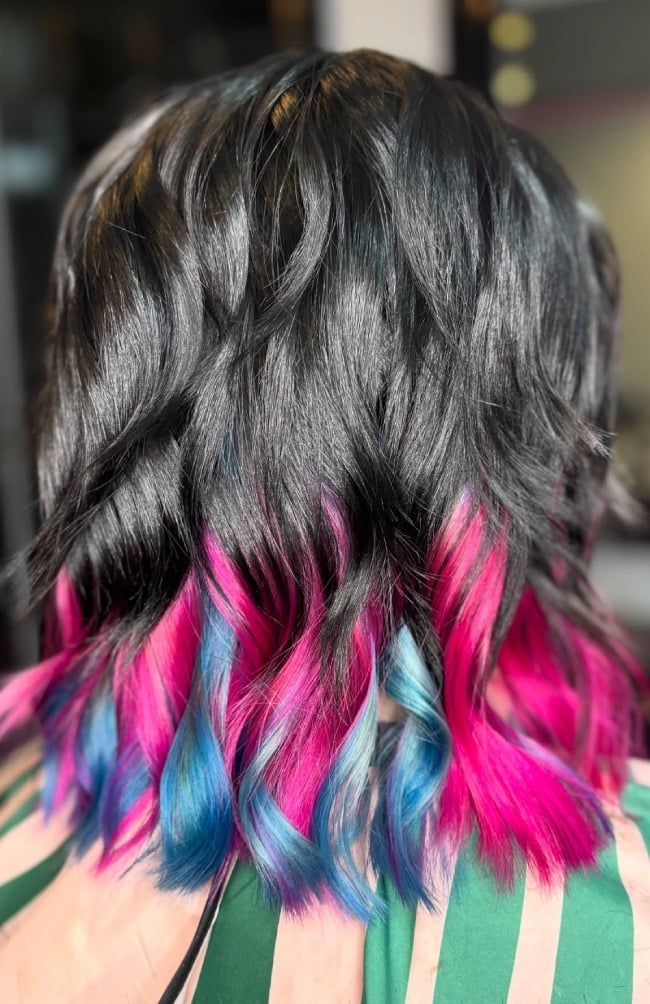 Shoulder Length Shag With Multi-Color Peekaboo Shoulder Length Shag With Multi-Color Peekaboo — Trendy Peekaboo Hair Color