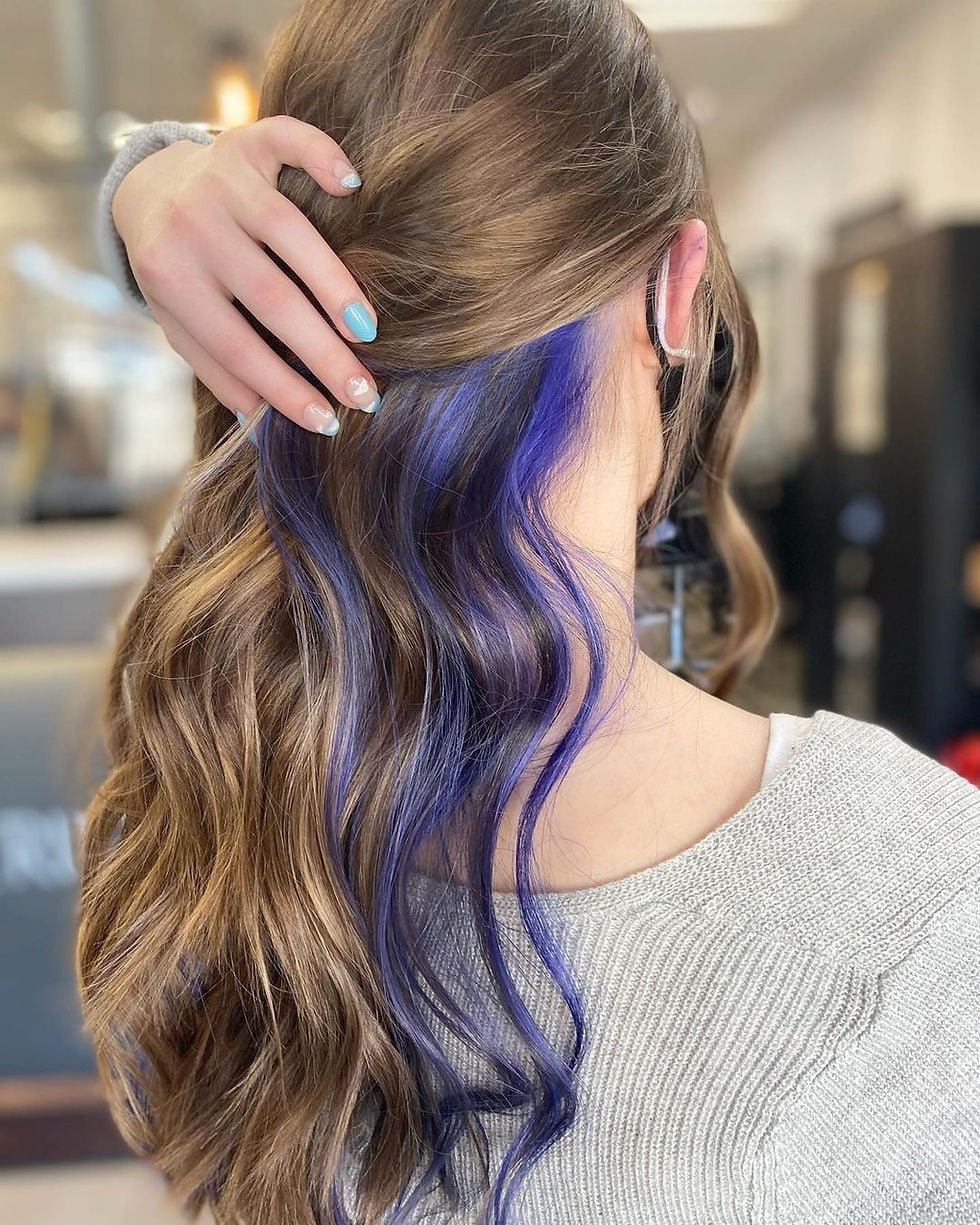 Shoulder Length Waves With Purple Peekaboo Shoulder Length Waves With Purple Peekaboo — Trendy Peekaboo Hair Color