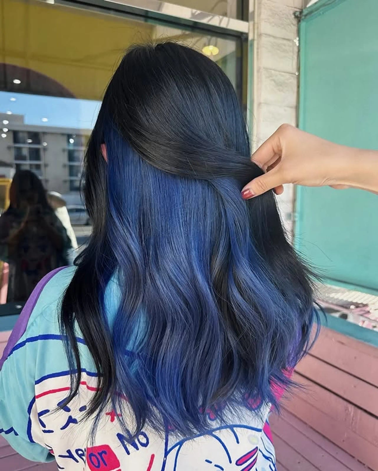 Mid-Back Dark Hair With Midnight Blue Peekaboo Mid-Back Dark Hair With Midnight Blue Peekaboo — Trendy Peekaboo Hair Color