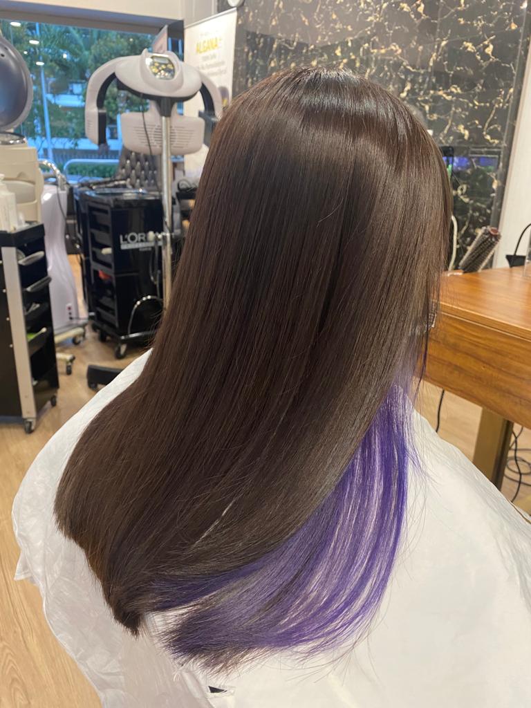 Mid-Back Dark With Purple Peekaboo Mid-Back Dark With Purple Peekaboo — Trendy Peekaboo Hair Color