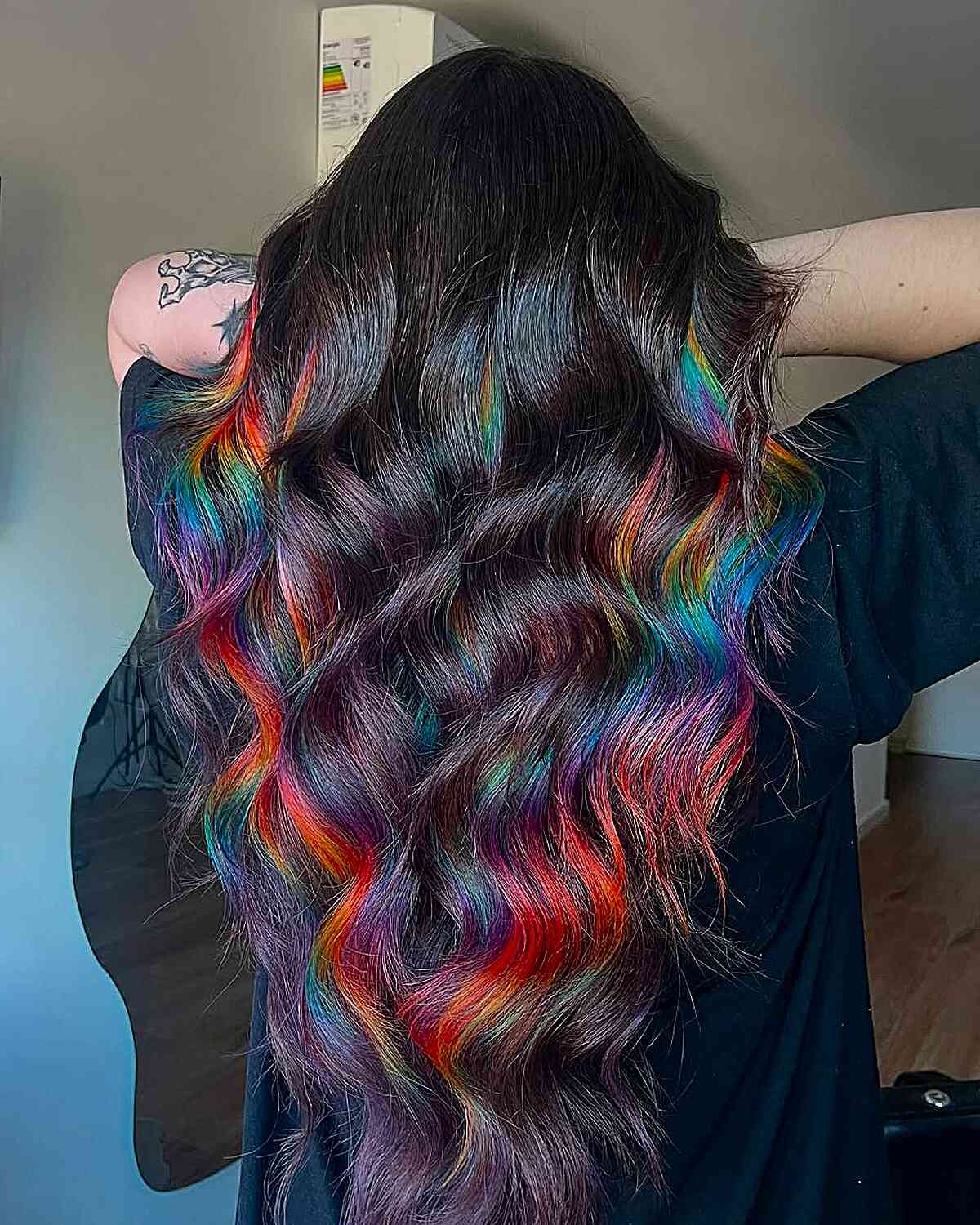 Mid-Back Layers With Rainbow Peekaboo Ends Mid-Back Layers With Rainbow Peekaboo Ends — Trendy Peekaboo Hair Color