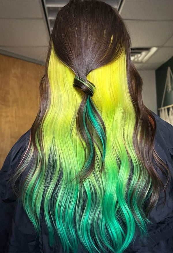 Mid-Back Waves With Neon Yellow Green Peekaboo Mid-Back Waves With Neon Yellow Green Peekaboo — Trendy Peekaboo Hair Color