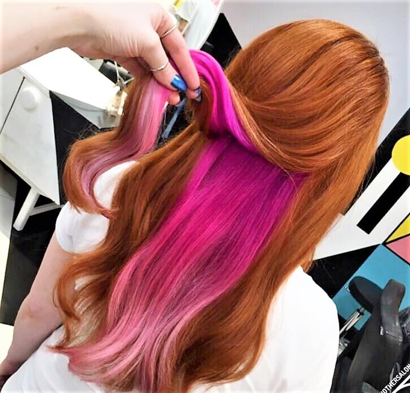 Blonde Lob With Rainbow Peekaboo Highlights Blonde Lob With Rainbow Peekaboo Highlights — Trendy Peekaboo Hair Color