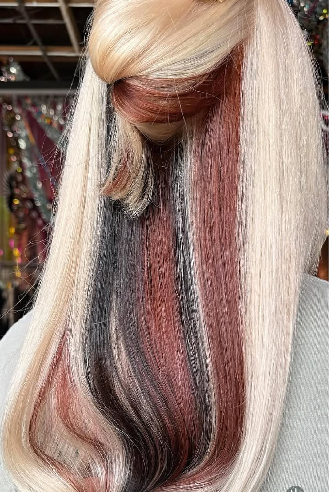 Mid-Back Platinum Blonde With Multi-Color Peekaboo Mid-Back Platinum Blonde With Multi-Color Peekaboo — Trendy Peekaboo Hair Color