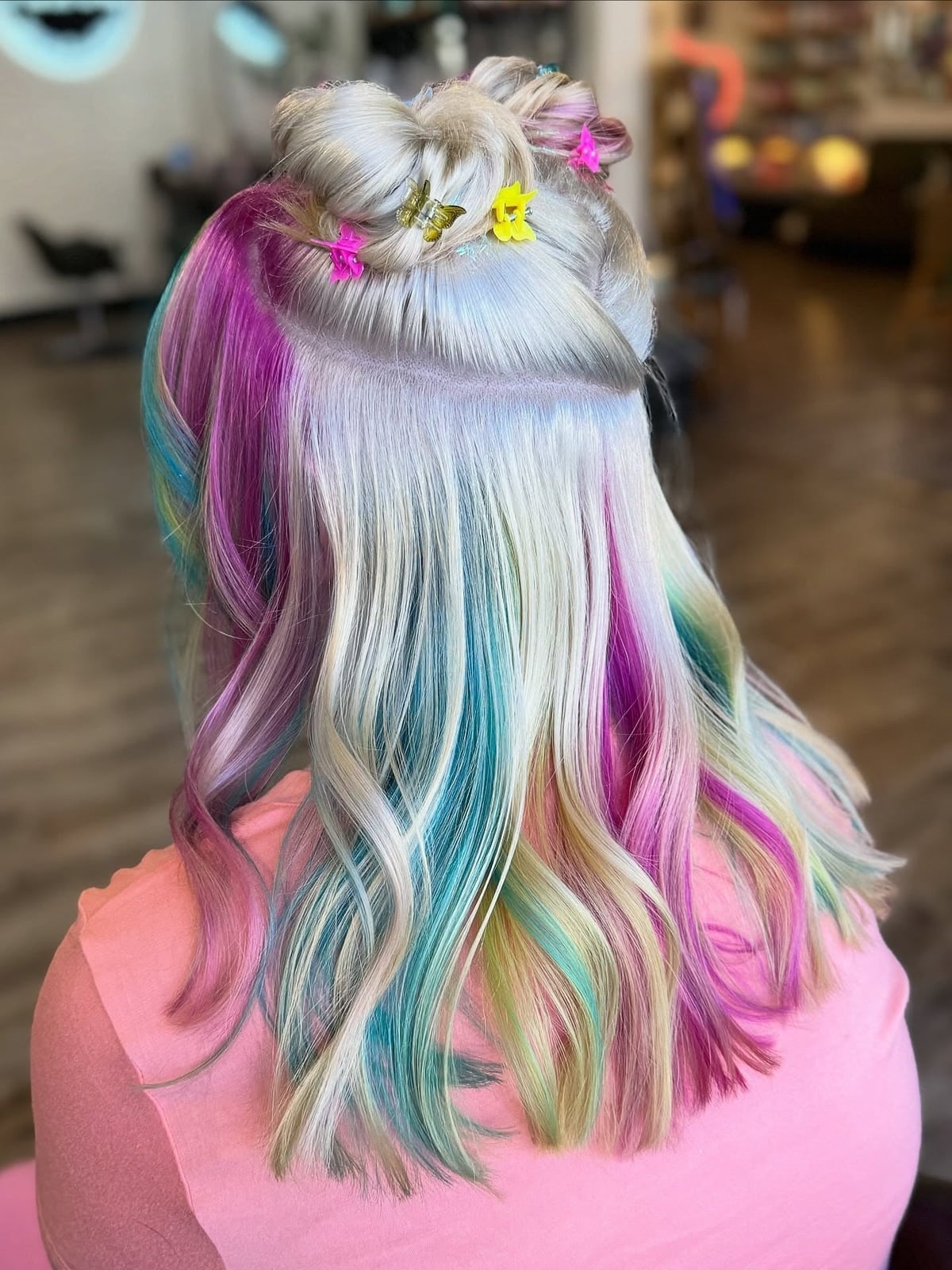 Blonde Half Updo With Rainbow Peekaboo Blonde Half Updo With Rainbow Peekaboo — Trendy Peekaboo Hair Color