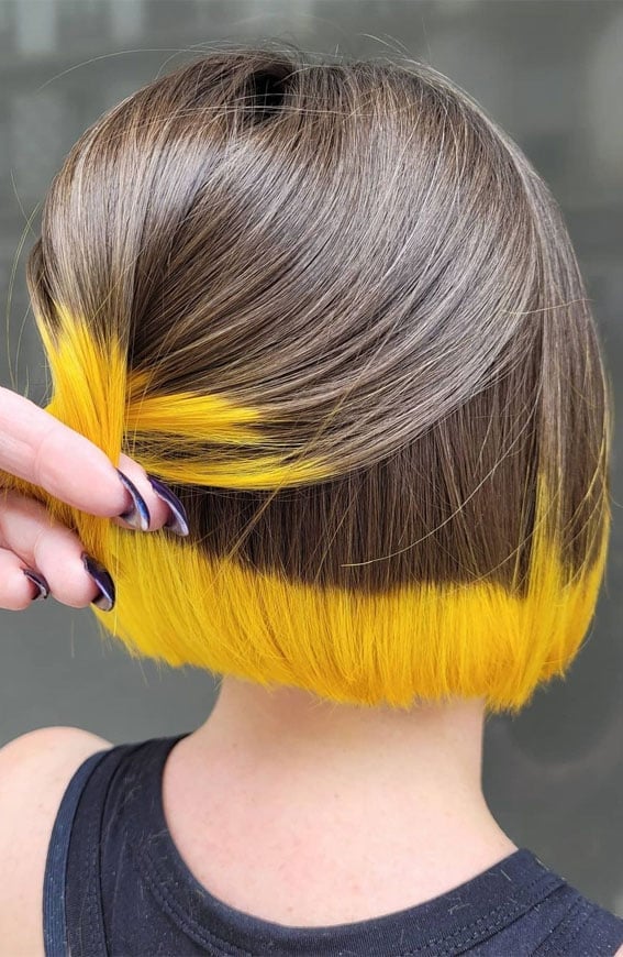 Chin Length Brown Bob With Yellow Peekaboo Chin Length Brown Bob With Yellow Peekaboo — Trendy Peekaboo Hair Color