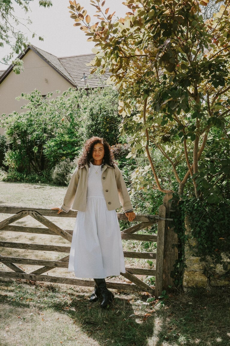 Casual White Midi Dress with Beige Jacket and Black Boots — Trendy Photoshoot Outfits
