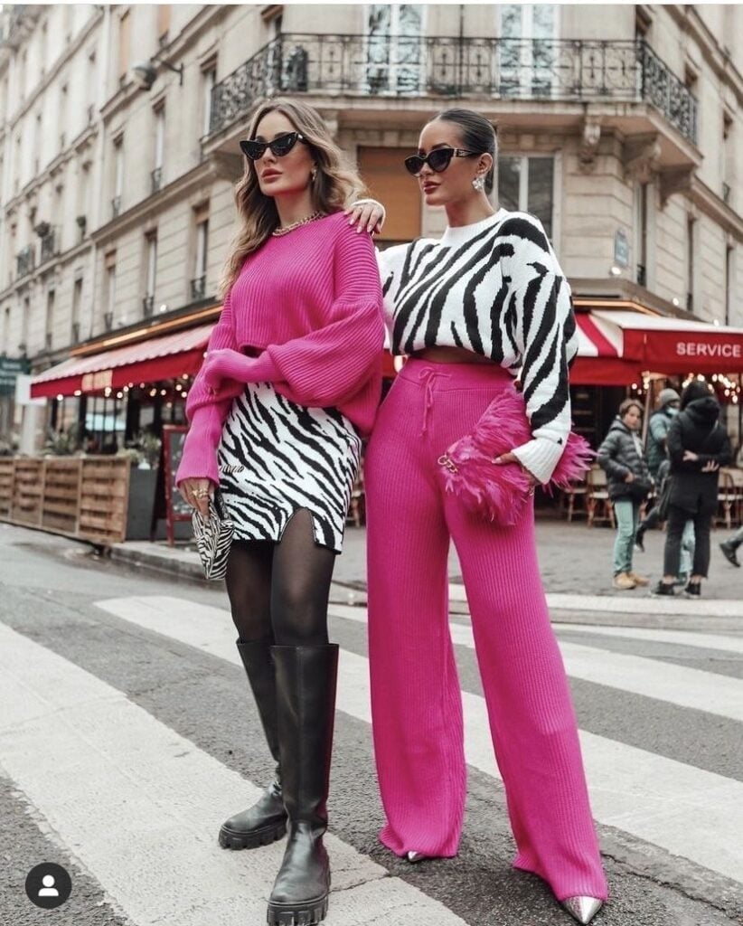 Playful Zebra Print Mini Skirt and Oversized Sweater — Trendy Photoshoot Outfits