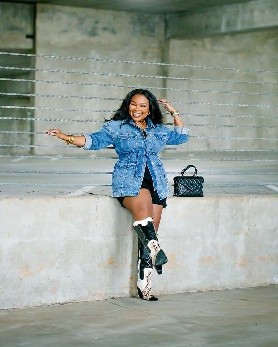 Bold Snake-Print Cowboy Boots with Denim Jacket and Shorts — Trendy Photoshoot Outfits