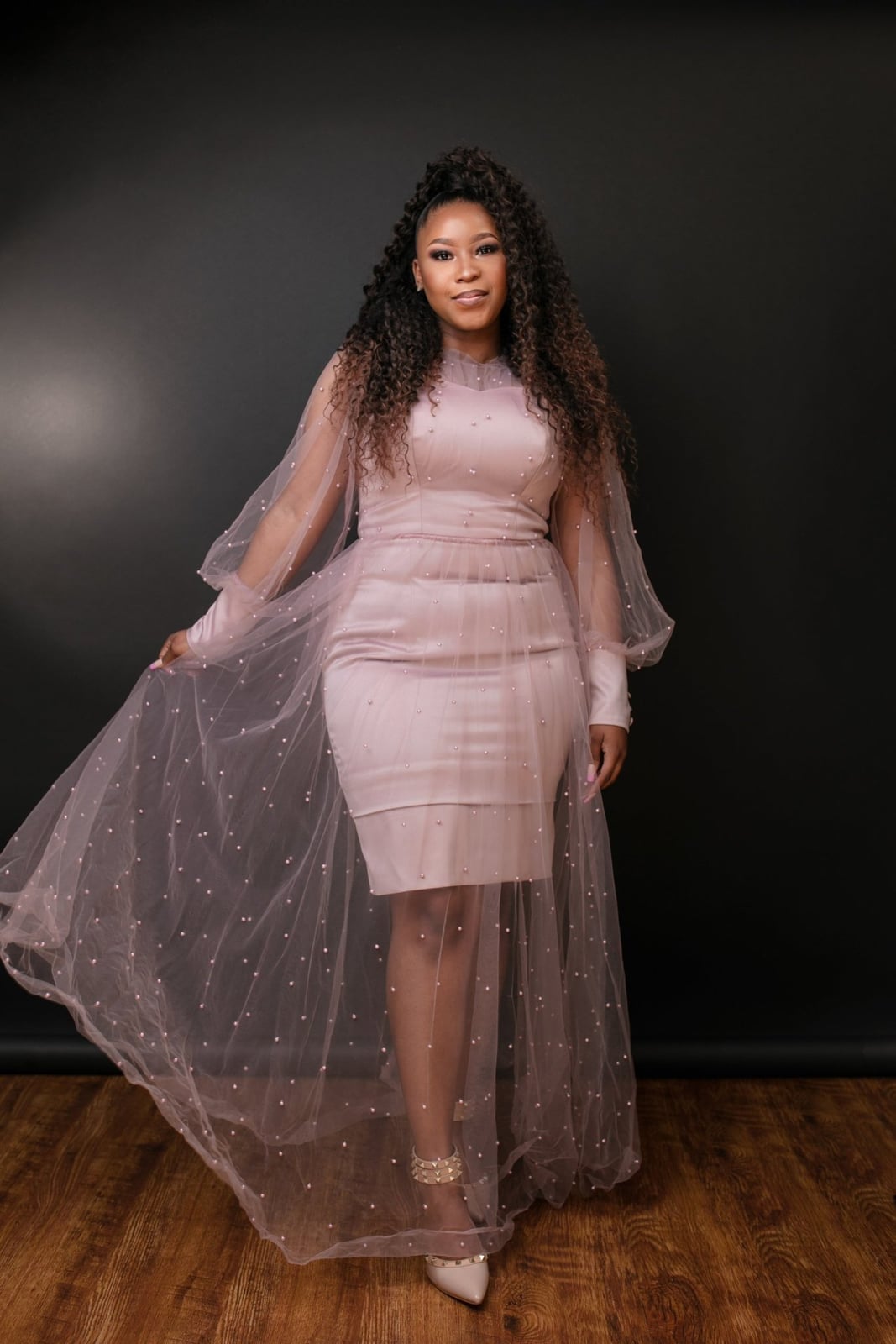 Elegant Pink Sheath Dress with Pearl Embellished Overlay — Trendy Photoshoot Outfits