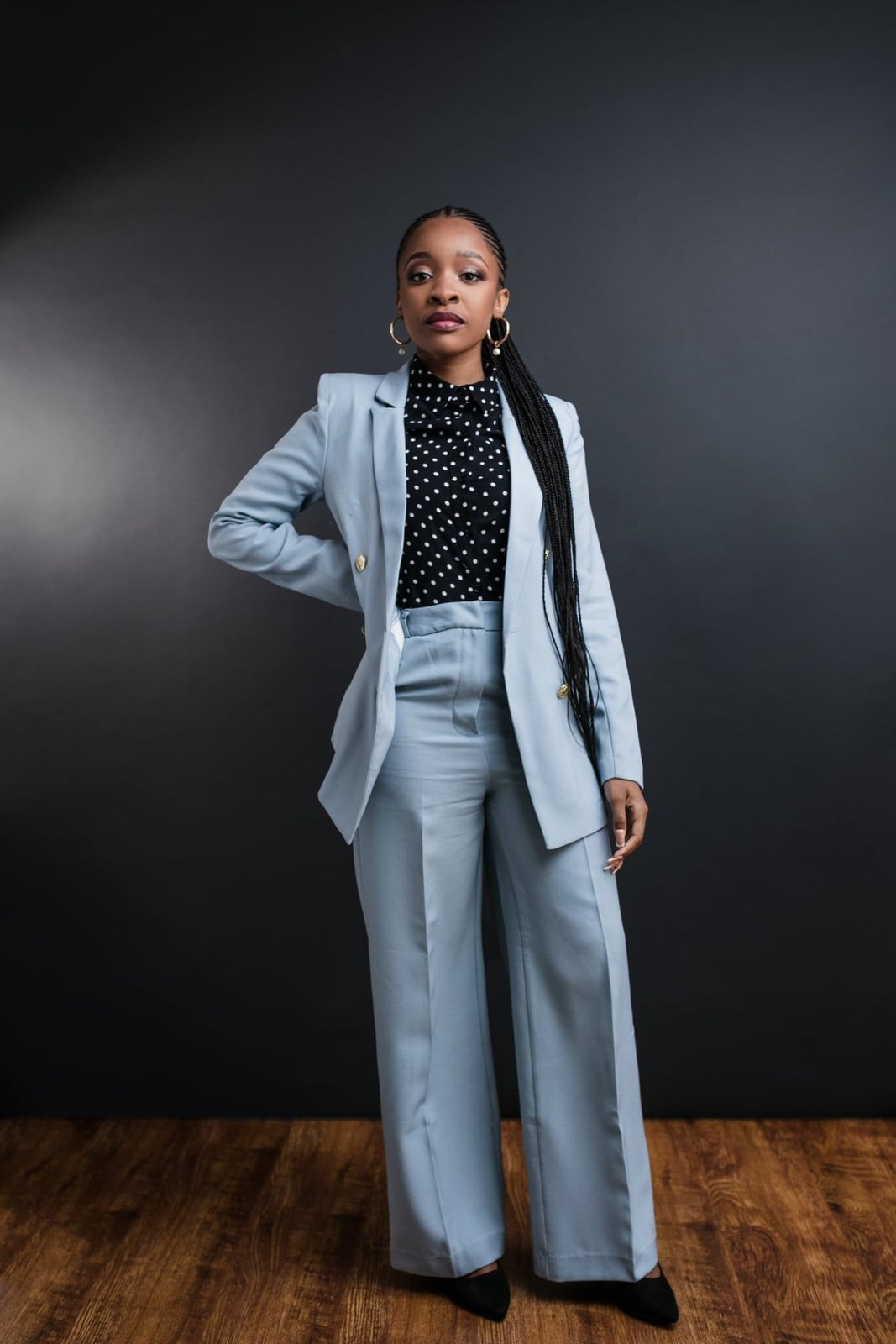 Sharp Light Blue Oversized Suit with Polka Dot Blouse — Trendy Photoshoot Outfits