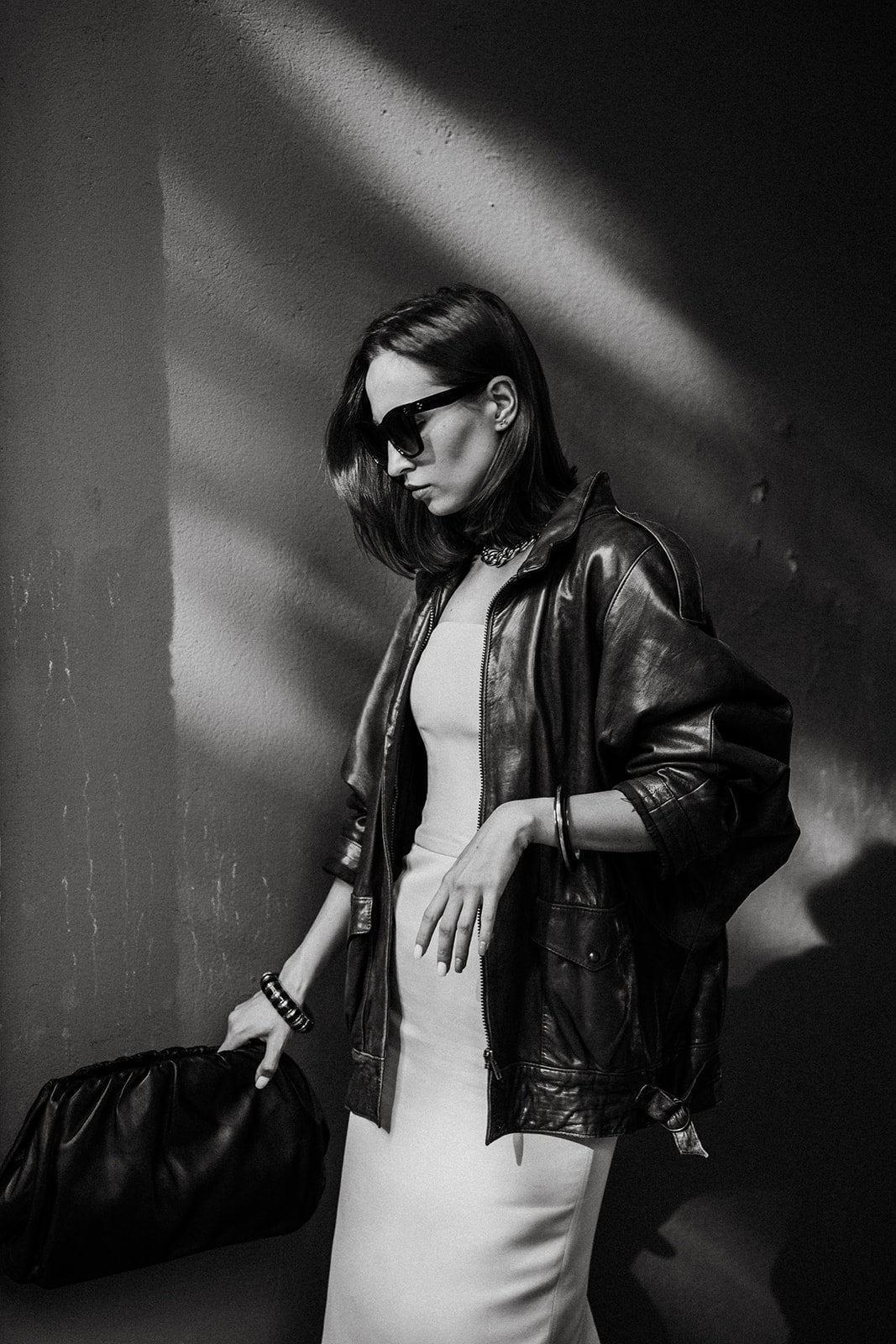 Fashion-Forward Oversized Leather Jacket and Fitted Dress — Trendy Photoshoot Outfits