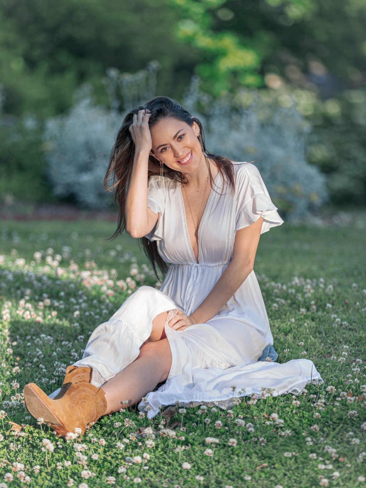 Bohemian White Tiered Maxi Dress with Cowboy Boots — Trendy Photoshoot Outfits