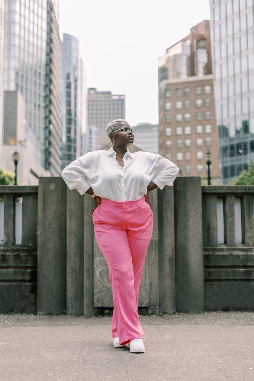 Striking Pink Wide-Leg Trousers with Oversized White Shirt — Trendy Photoshoot Outfits