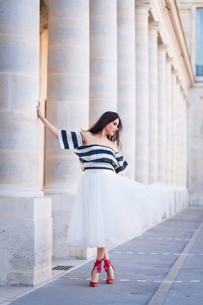 Dramatic Tulle Skirt with Off-Shoulder Striped Top — Trendy Photoshoot Outfits