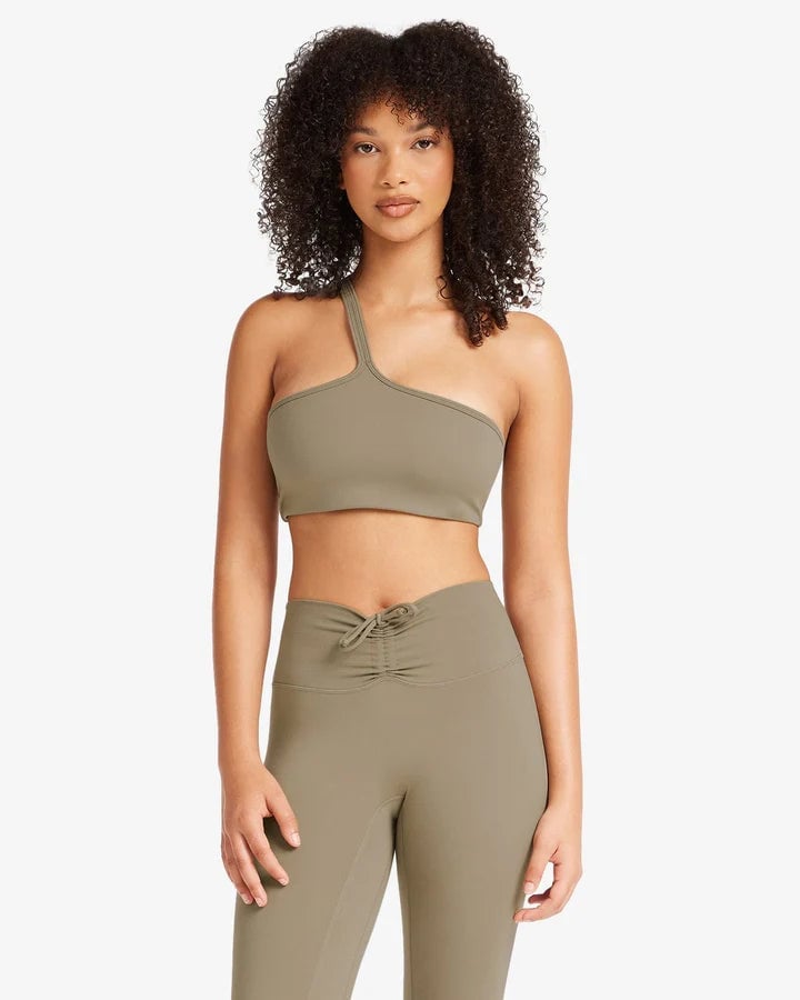 Olive Green One-Shoulder Bra Top and High-Waisted Leggings — Trendy Pilates Outfits