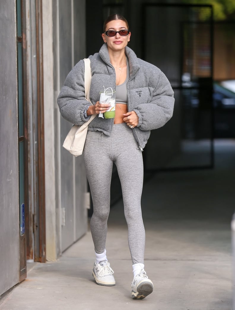 Grey Knit Set with Cropped Puffer Jacket and Tote Bag — Trendy Pilates Outfits