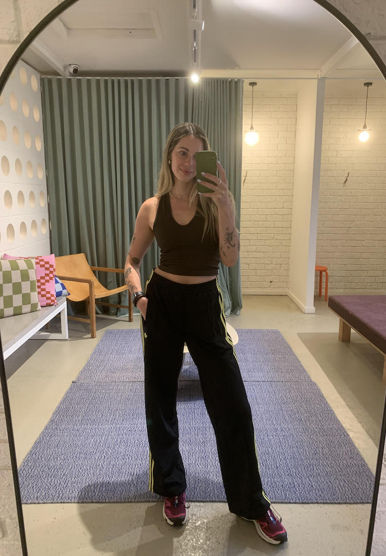 Brown Halter Crop Top with Striped Track Pants — Trendy Pilates Outfits