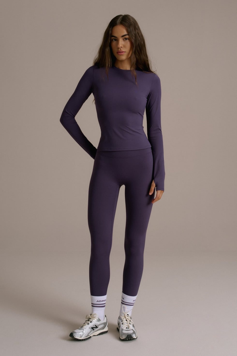 Purple Ribbed Knit Matching Set with Striped Socks — Trendy Pilates Outfits