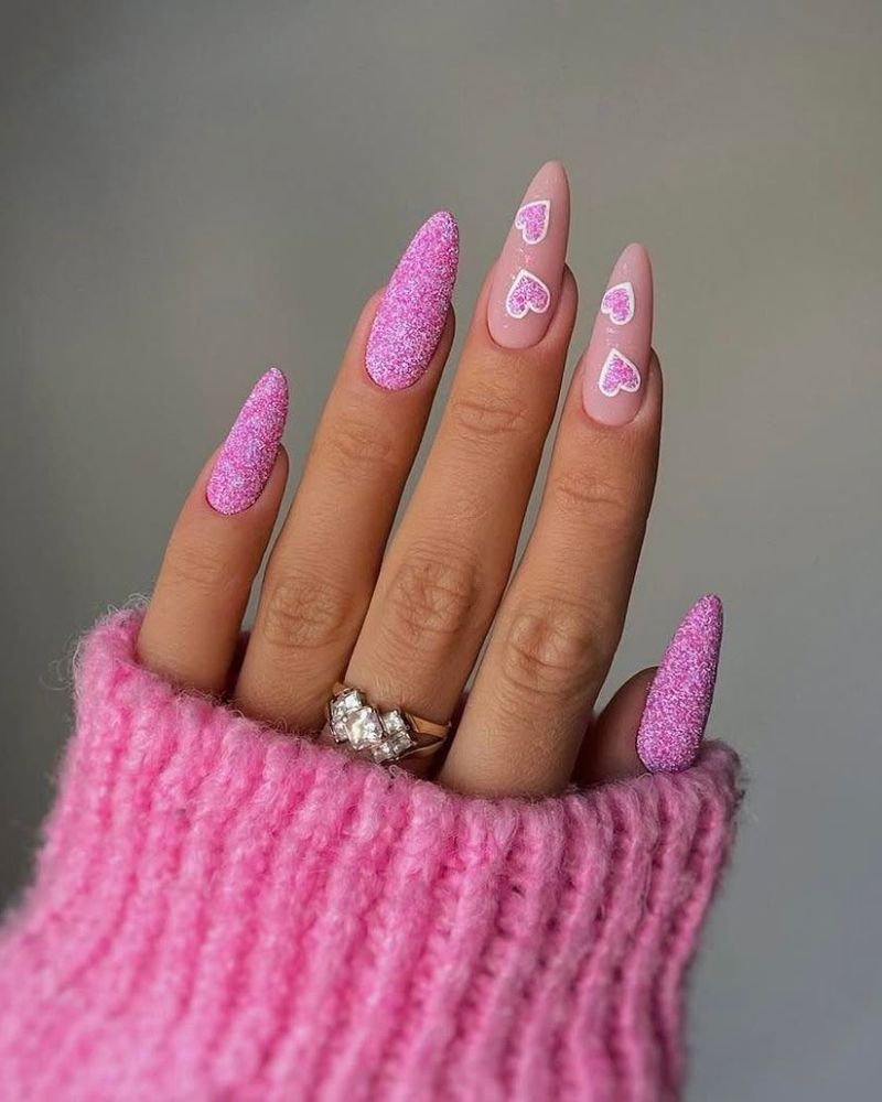 Glitter Pink Hearts On Nude Stiletto Long Nails — Trendy Pink Nails