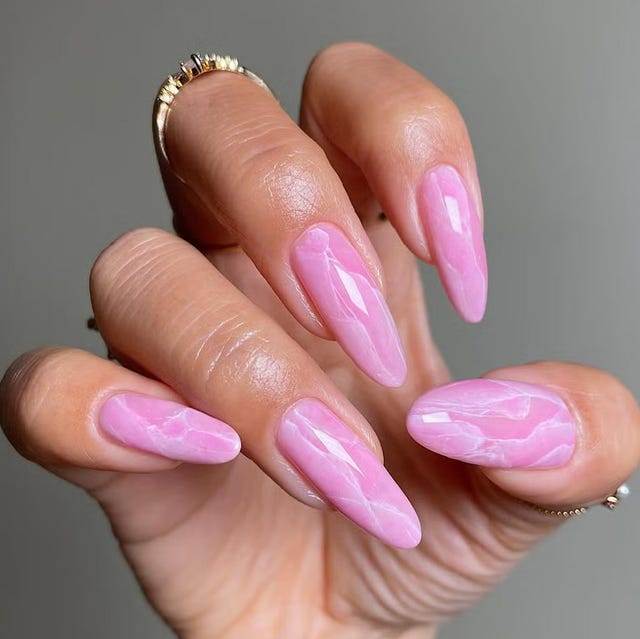 Bright Pink Marble Long Almond Nails — Trendy Pink Nails