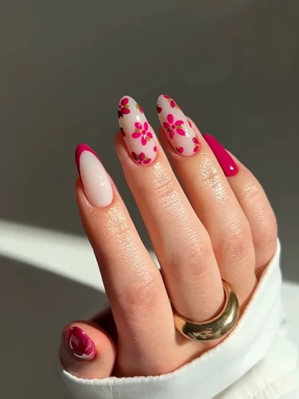 Bright Pink With Floral Art Medium Almond Nails — Trendy Pink Nails