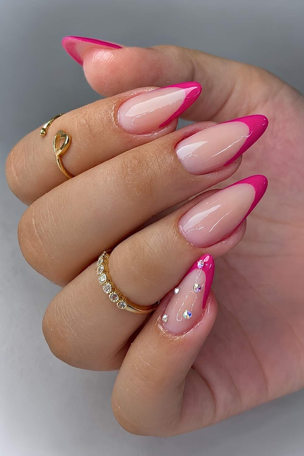 Hot Pink French Tips With Rhinestones Medium Almond Nails — Trendy Pink Nails