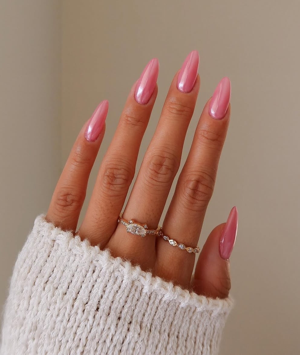 Bright Pink Shimmer Medium Almond Nails — Trendy Pink Nails