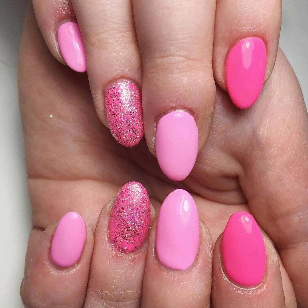 Hot Pink And Glitter Medium Almond Nails — Trendy Pink Nails