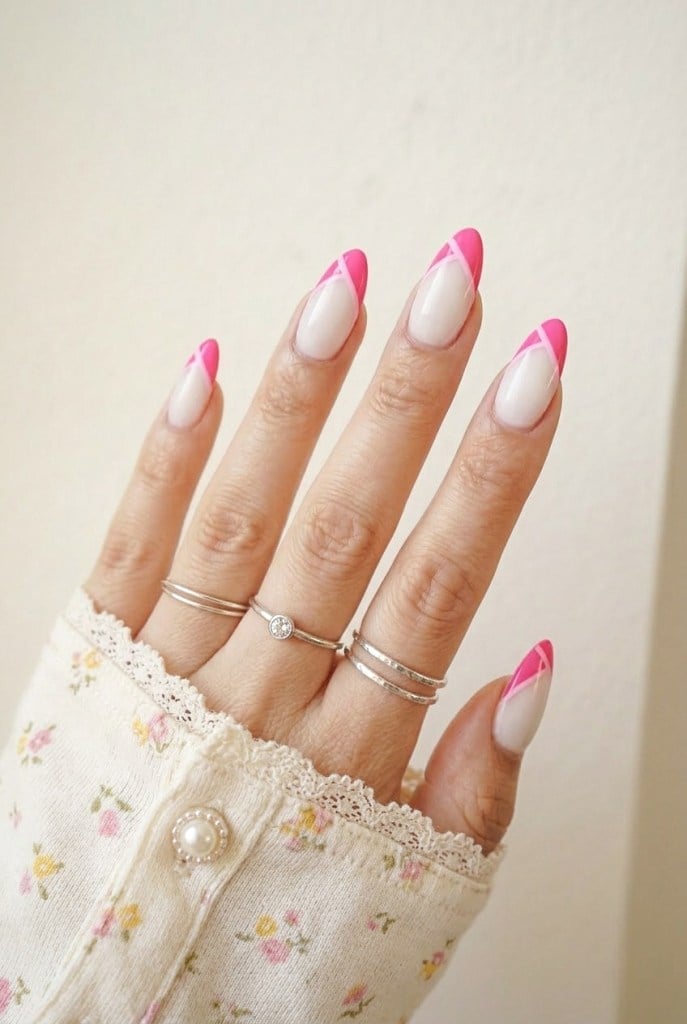Sheer Nude With Pink French Tip Medium Oval Nails — Trendy Pink Nails