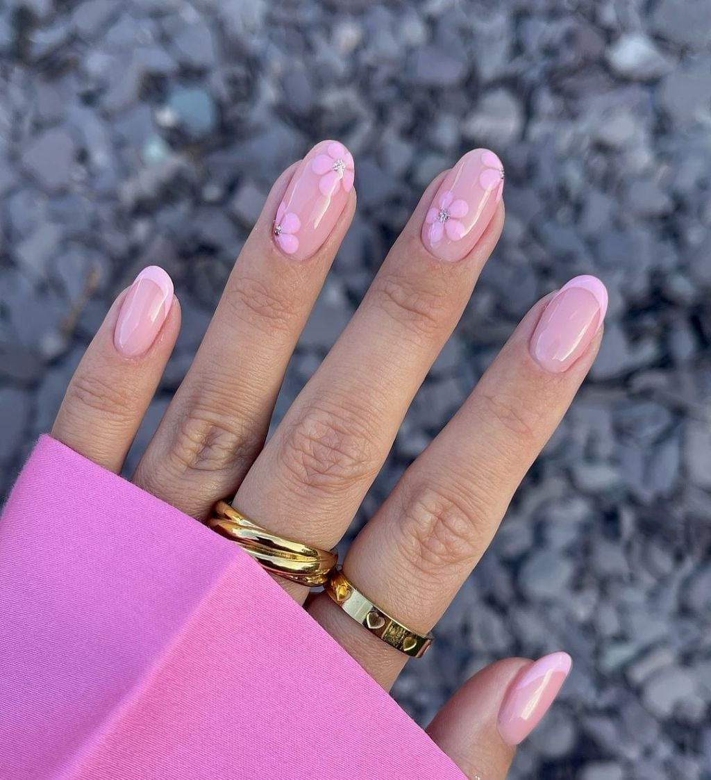 Sheer Pink French Tips With Floral Accents Medium Oval Nails — Trendy Pink Nails